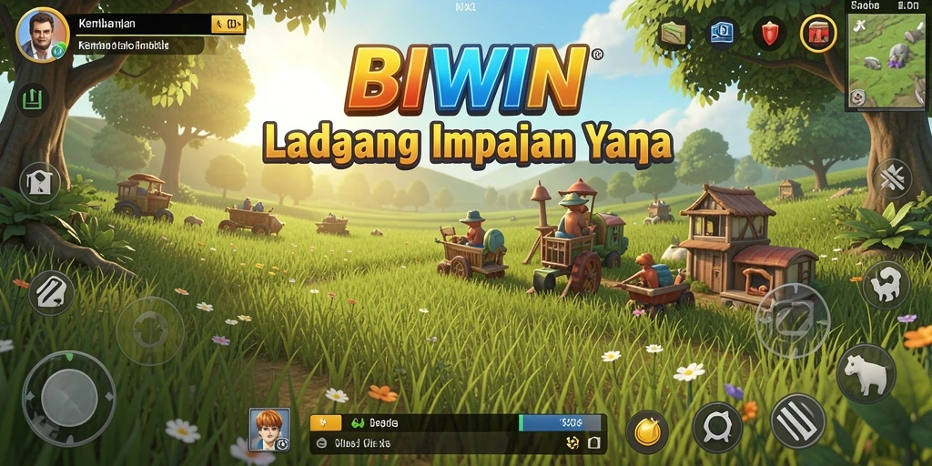 Screenshot gameplay BIWIN memperlihatkan ladang subur yang sedang dipanen.