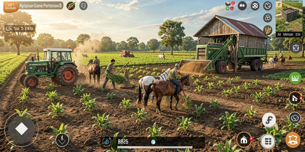 Tangkapan layar utama EVIP3 menampilkan aktivitas bertani yang seru dan interaktif.