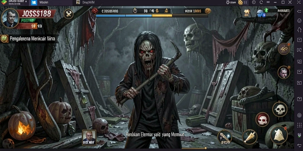Tangkapan layar gameplay JOSS188 menampilkan atmosfer mencekam dan karakter menyeramkan.