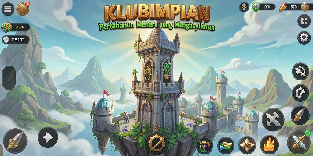 Tampilan gameplay KLUBIMPIAN dengan serangan menara yang memukau.