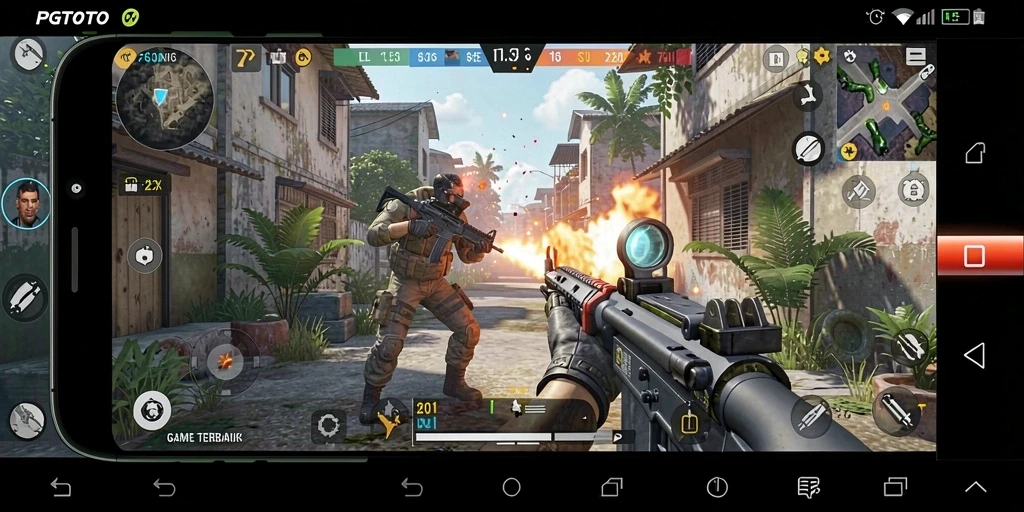Screenshot PGTOTO menampilkan aksi pertempuran FPS yang mendebarkan.