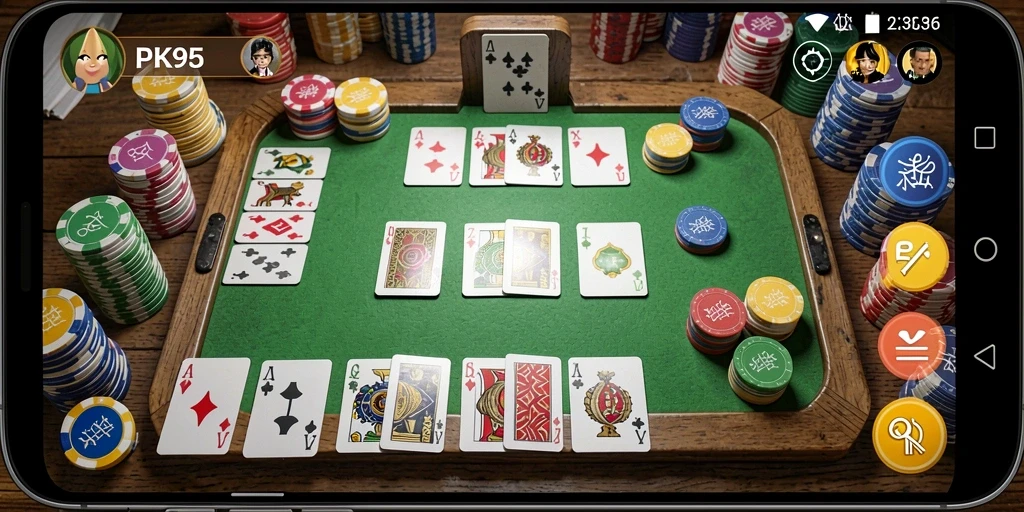 Screenshot gameplay PK95 menunjukkan keseruan bermain Gaple bersama teman.