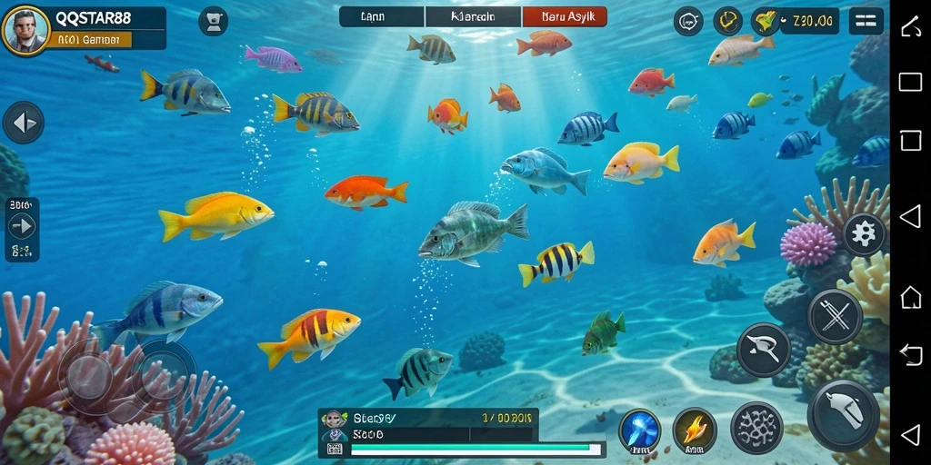 Screenshot gameplay QQSTAR88 menampilkan aksi seru menembak ikan.