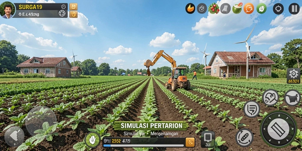 Gameplay SURGA19 menunjukkan pertanian yang penuh warna dan aktif.